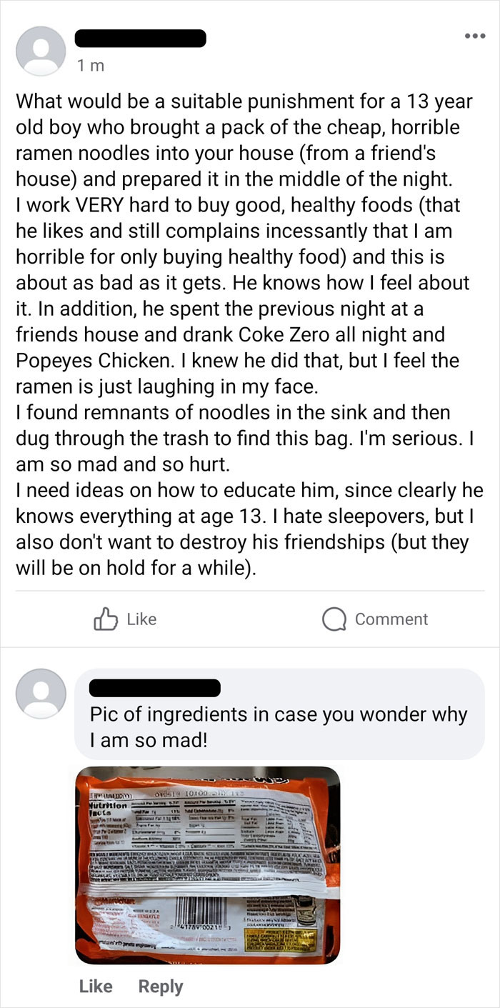 Parent Posts A Delusional Rant On FB After Their Son Eats Instant Noodles, Gets Destroyed Parent Posts A Delusional Rant On FB After Their Son Eats Instant Noodles, Gets Destroyed