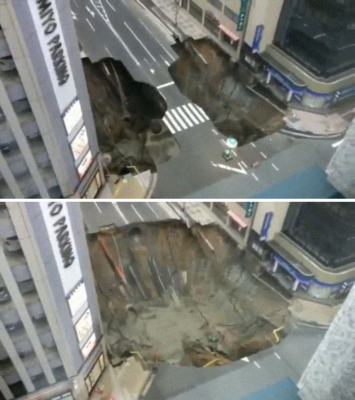 Road Collapse In Hakata, Japan On 8 November, 2016. The Gigantic Hole In Downtown Fukuoka, Southern Japan, Cutting Off Power, Water And Gas Supplies To Parts Of The City