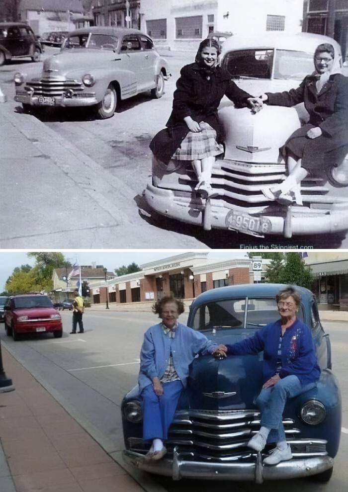 Sitting On Their 1947 Chevrolet Olin Front Of A Diner, And Then 63 Years Later