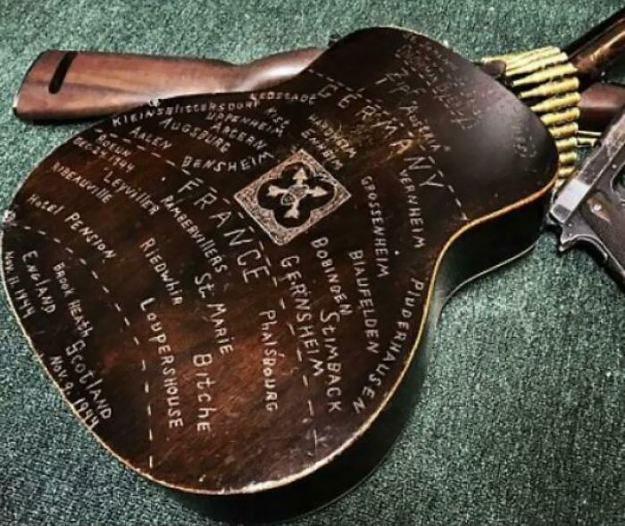 I Found This 1937 Gibson At An Estate Sale Many Years Ago. The Owner, Norman Byerly Of The 1st Armored Division, Traveled The Europe Theater During WWII, Carved All Places And Dates