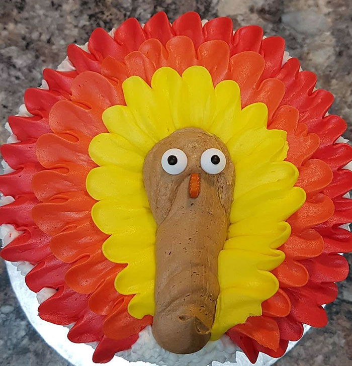 My Sister Made A Turkey Cake. I Can't Decide If It Looks Like A Log Of Poo Or A Dong, But It Ain't A Turkey For Sure