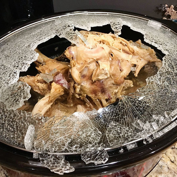 Last Night, We Put Our Turkey Carcass In Water In Our Crockpot Slow Cooker To Make Stock. Later In The Evening, The Glass Lid Spontaneously Shattered
