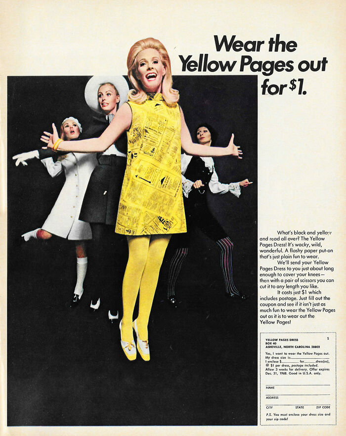 June 1968. 'What's Black And Yellow And Read All Over? The Yellow Pages Dress!'