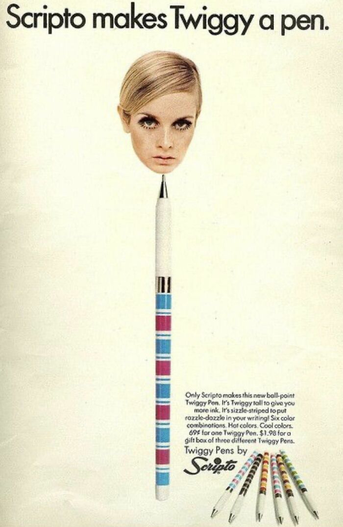 Scripto Makes A Twiggy Ball-Point Pen. (How Odd) It’s Twiggy Tall To Give You More Ink. It’s Sizzle-Striped To Put Razzle-Dozzle In Your Writing! Six Hot, Cool Color Combinations. 🖊️ Seventeen Magazine, 1967