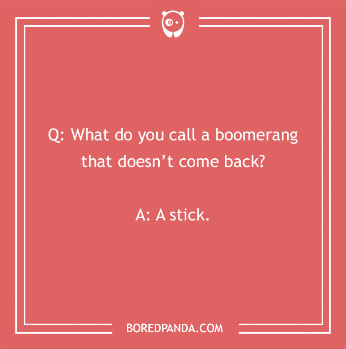 Boomerang joke in red text box with panda logo, part of funniest 'What Do You Call?' jokes series.