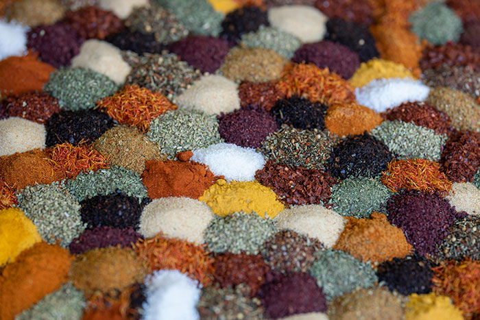 Assorted colorful spices safe for dogs in small mounds. Assorted colorful spices safe for dogs in small mounds.