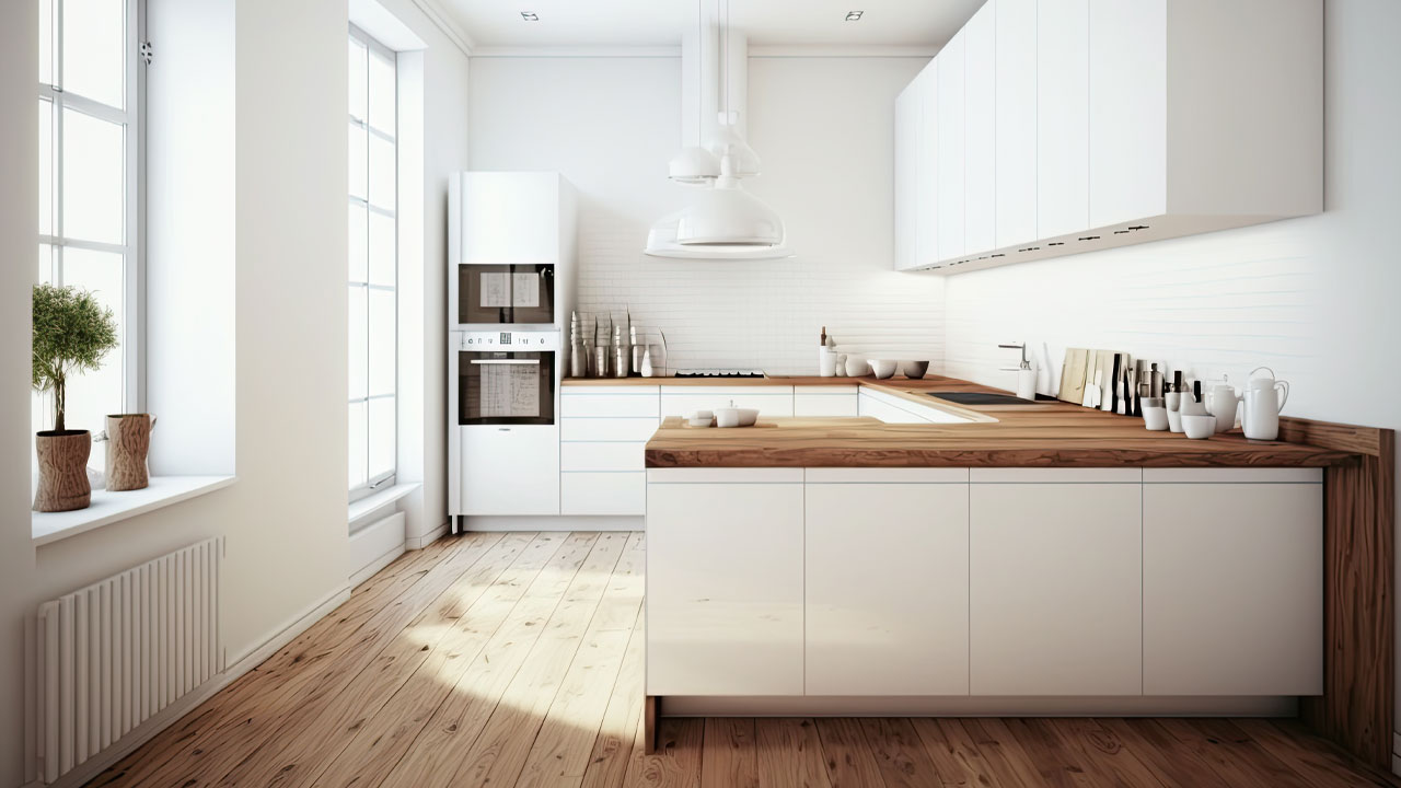 Image of kitchen with white cabinets and wooden details.