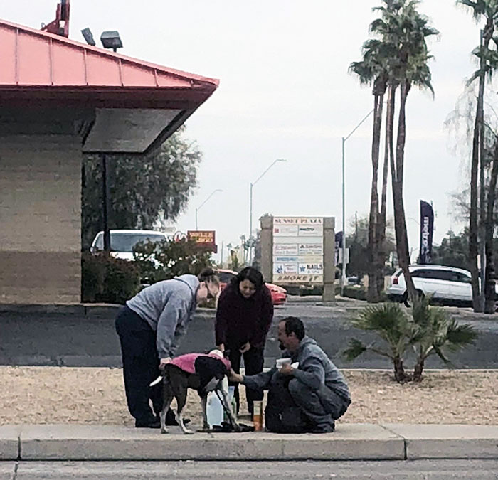 These Two Ladies Gave This Homeless Man Water, Food, And Dog Food. It Was Really Sweet. Happy Thanksgiving