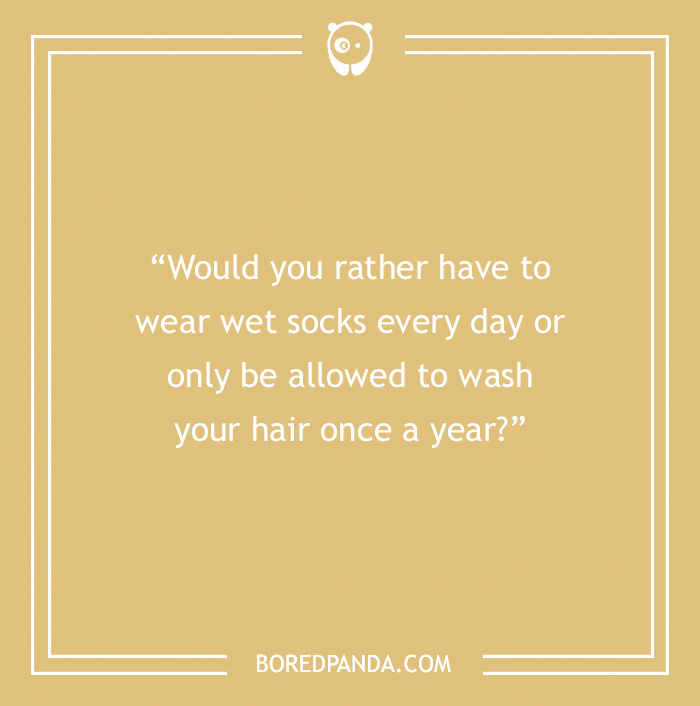 "Would You Rather question on wet socks or washing hair, featuring game night theme."