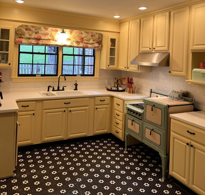 Floral covers in a light yellow kitchen