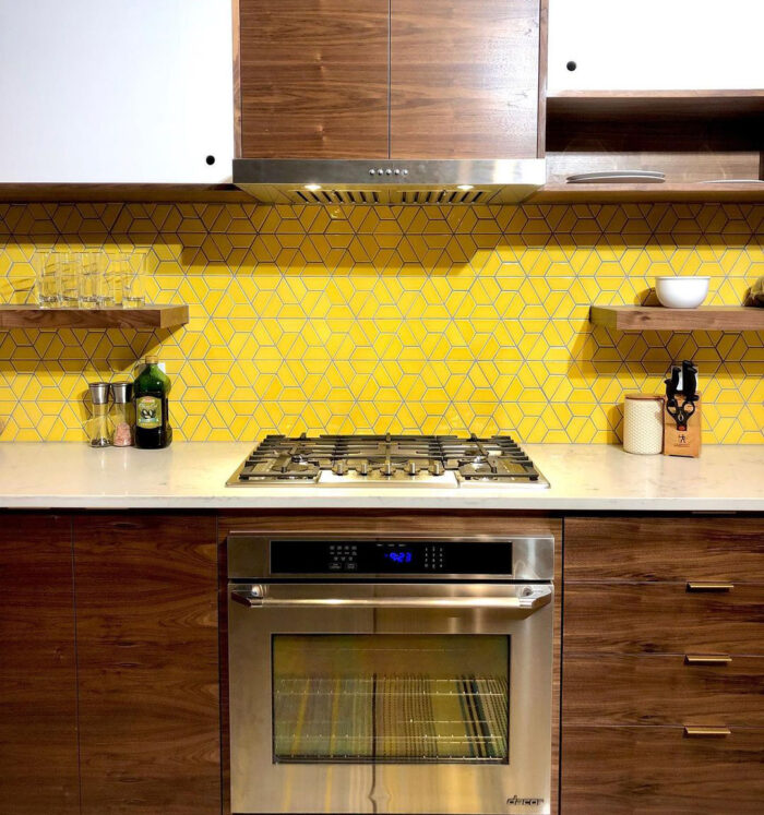 Yellow tile in the wooden kitchen