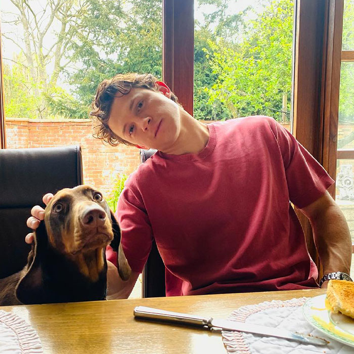 Young man in a red shirt with a dog at a table, representing a popular Gen Z trend. Young man in a red shirt with a dog at a table, representing a popular Gen Z trend.