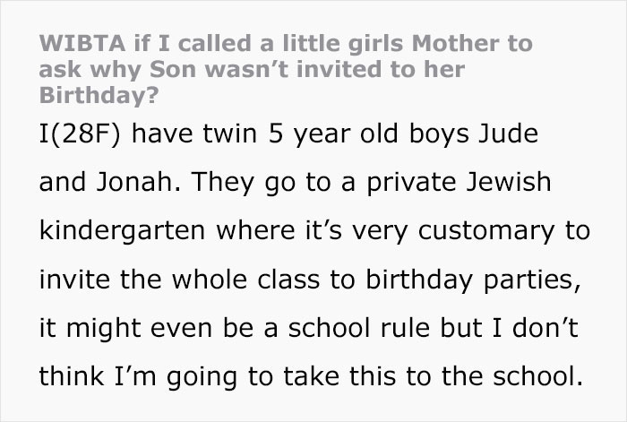 Mom Contemplates Confronting Woman Who Invited Only One Of Her Twins To Her Daughter’s Birthday