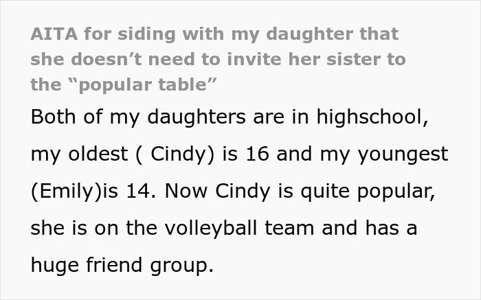 Dad Demands Daughter Invite Friendless Sister To Sit With Her At “Popular” Table, Mom Intervenes Dad Demands Daughter Invite Friendless Sister To Sit With Her At “Popular” Table, Mom Intervenes