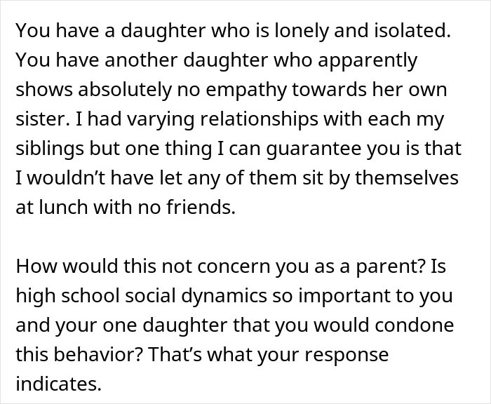 Dad Demands Daughter Invite Friendless Sister To Sit With Her At “Popular” Table, Mom Intervenes