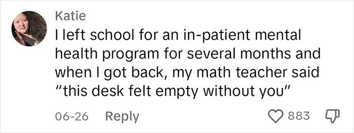 Comment from student about meaningful notes from teachers, mentioning a math teacher's supportive handwritten message. Comment from student about meaningful notes from teachers, mentioning a math teacher's supportive handwritten message.