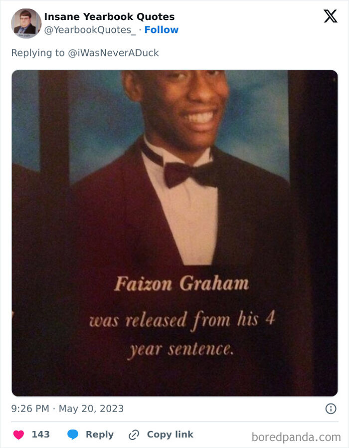 Senior yearbook photo with an epic yearbook quote humorously referencing a four-year sentence release.