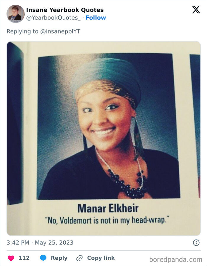 Yearbook photo of a smiling student sharing a funny and epic yearbook quote about her head-wrap and Voldemort.