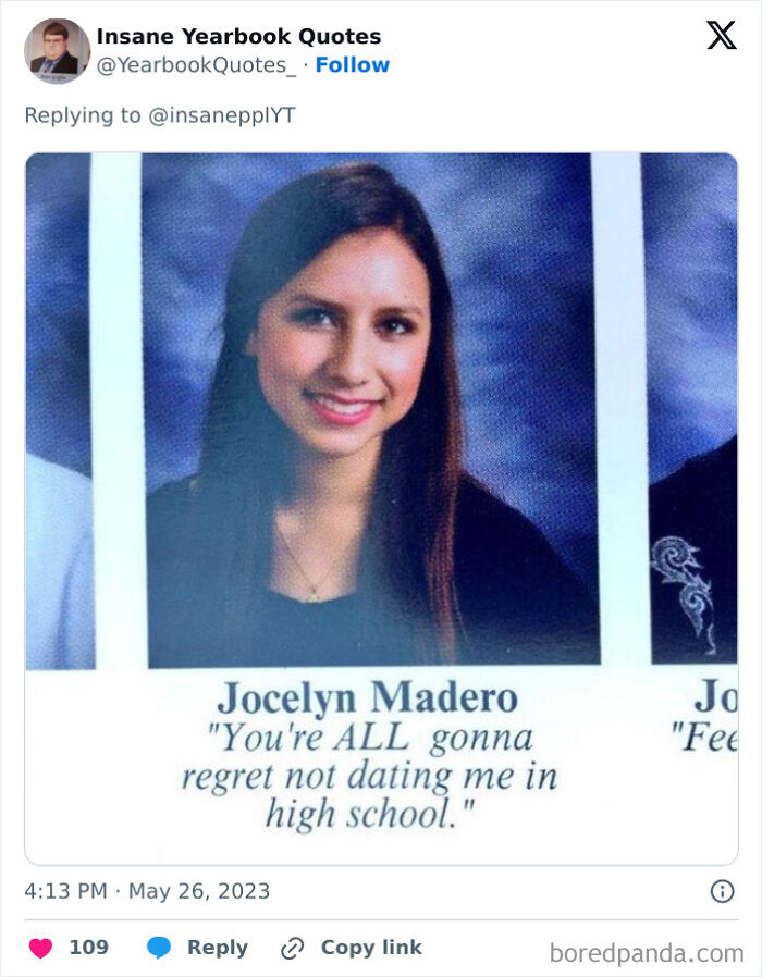 High school senior with an iconic epic yearbook quote sharing confidence and humor in a yearbook photo.