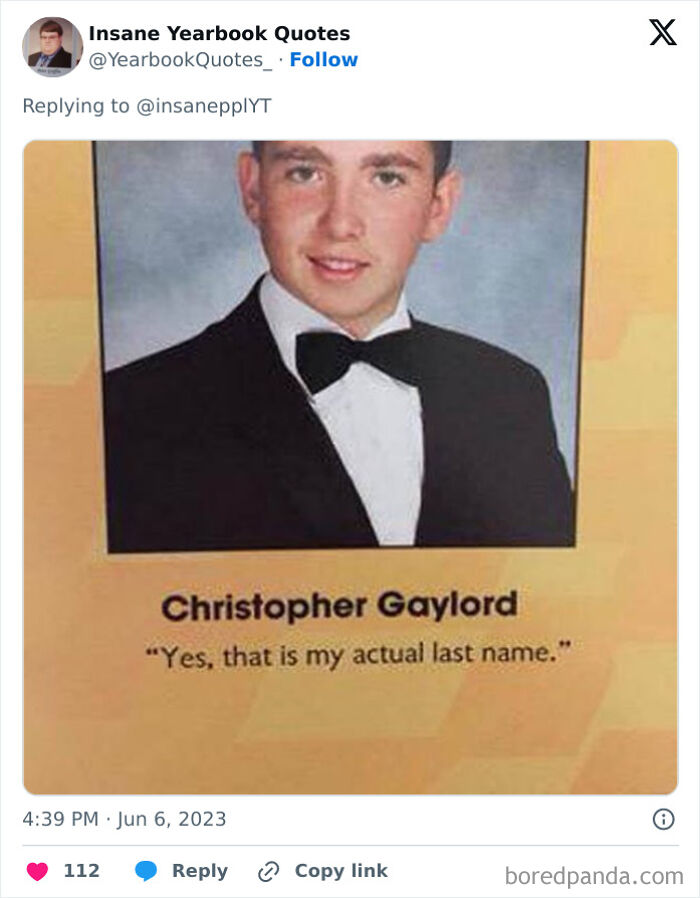 Young man in a tuxedo with a humorous yearbook quote, showcasing unique and epic yearbook quotes shared online.