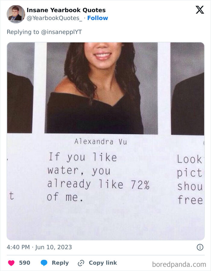 Senior yearbook photo of a student with a humorous quote, shared as part of epic yearbook quotes collection.