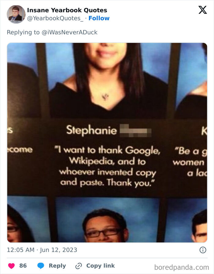 Yearbook quote thanking Google, Wikipedia, and copy-paste, featured in epic yearbook quotes collection.