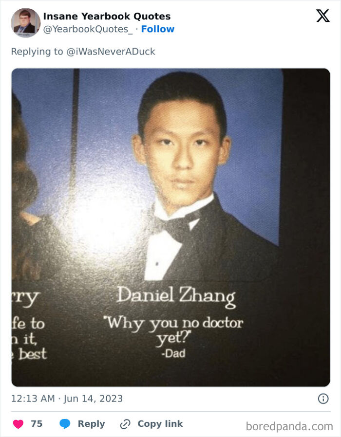 Yearbook senior portrait with a humorous quote from dad, highlighting popular yearbook quotes shared online.