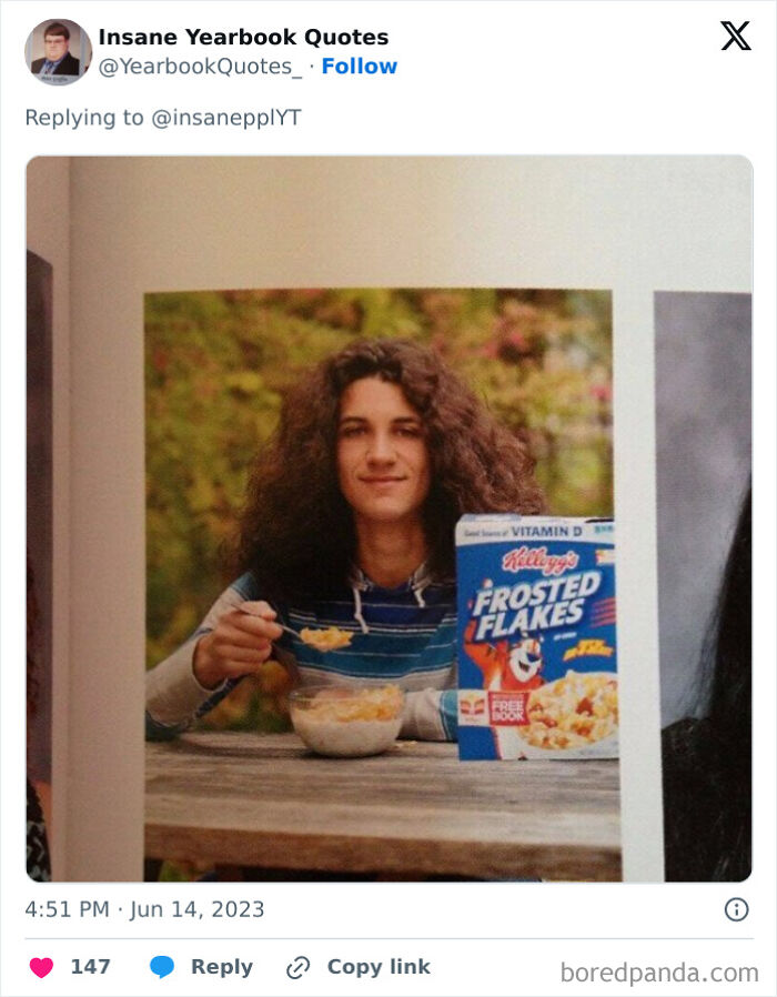 A young person with long curly hair eating cereal outdoors featured in a collection of epic yearbook quotes.