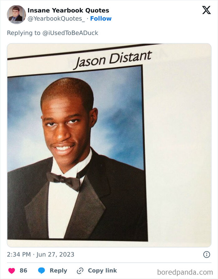 Yearbook photo of Jason Distant in a tuxedo with a humorous yearbook quote shared online.