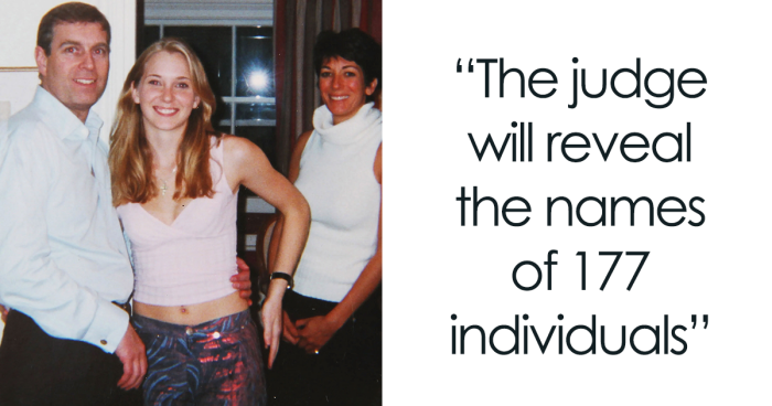 Photo of three people smiling, alongside text about a judge revealing names of individuals associated with Jeffrey Epstein.
