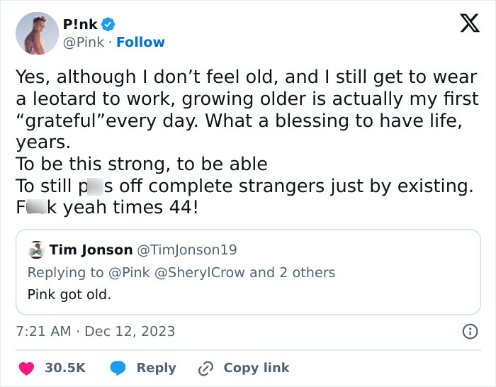 “I Still Wear A Leotard To Work”: Pink Slams Troll Calling Her “Old” On Social Media “I Still Wear A Leotard To Work”: Pink Slams Troll Calling Her “Old” On Social Media