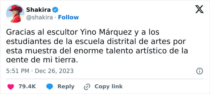 Shakira thanks sculptor Yino Márquez in a tweet for Colombia statue tribute. Shakira thanks sculptor Yino Márquez in a tweet for Colombia statue tribute.