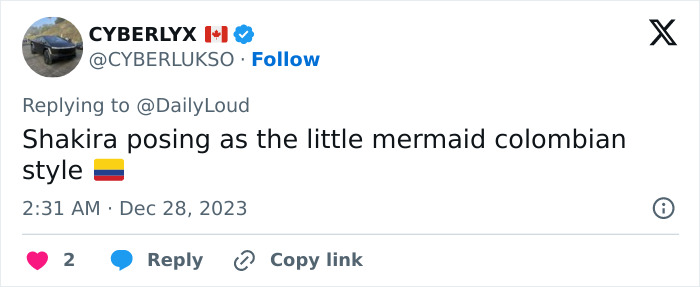Tweet joking about Shakira's statue in Colombia, referencing the Little Mermaid with a Colombian flag emoji. Tweet joking about Shakira's statue in Colombia, referencing the Little Mermaid with a Colombian flag emoji.