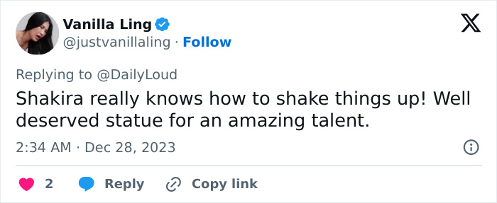 Tweet about Shakira's statue unveiling in Colombia, praising her talent and impact. Tweet about Shakira's statue unveiling in Colombia, praising her talent and impact.