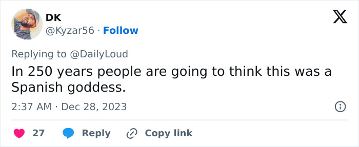 Tweet joking about Shakira's statue in Colombia, saying it might be mistaken for a Spanish goddess in 250 years. Tweet joking about Shakira's statue in Colombia, saying it might be mistaken for a Spanish goddess in 250 years.