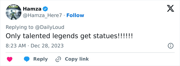 Tweet reacting to Shakira's statue unveiling in Colombia: "Only talented legends get statues! Tweet reacting to Shakira's statue unveiling in Colombia: "Only talented legends get statues!