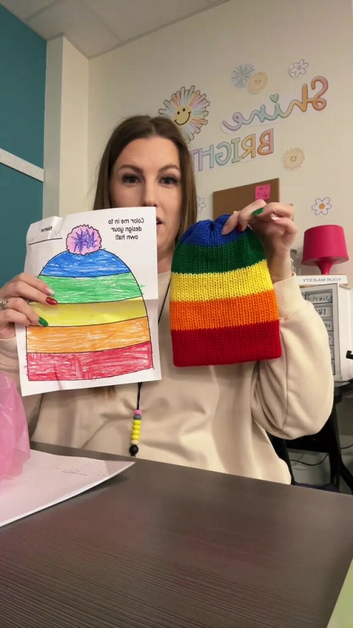 Teacher Surprises Class As Her Mom Makes Colorful Winter Hats Based On Their Drawings