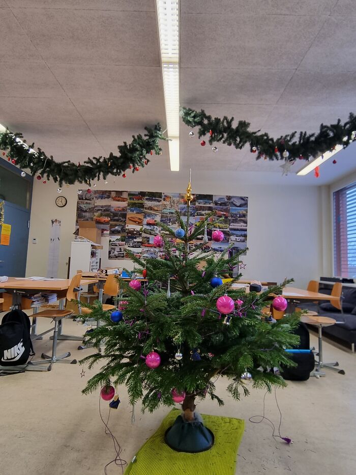 The Set-Up In The Classroom Including The Decoration On The Ceiling. My Students And I Always Put It Up. It's Not Finished Yet. The Numerous Chocolate Treats On The Tree Are Missing And Will Coming Up This Week