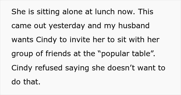 Dad Demands Daughter Invite Friendless Sister To Sit With Her At “Popular” Table, Mom Intervenes Dad Demands Daughter Invite Friendless Sister To Sit With Her At “Popular” Table, Mom Intervenes