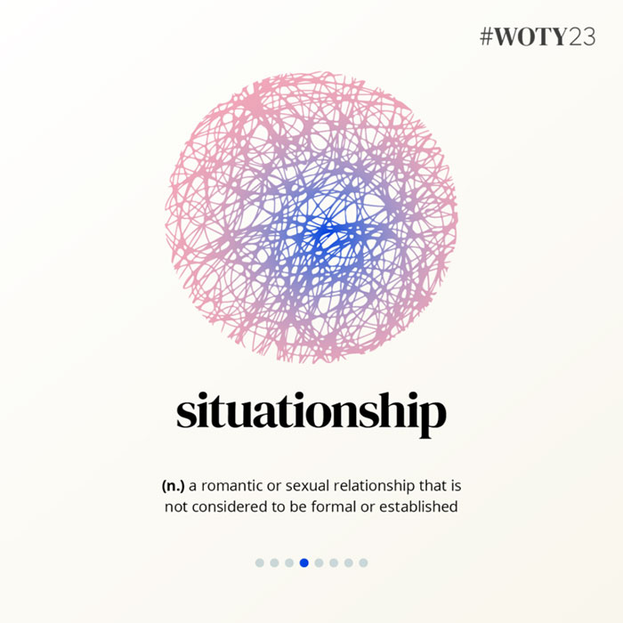 Abstract pink and blue scribble with "situationship" as Oxford's 2023 word of the year, trending among Gen Z. Abstract pink and blue scribble with "situationship" as Oxford's 2023 word of the year, trending among Gen Z.