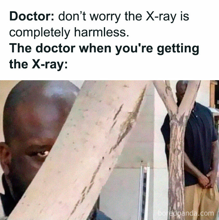 Man hiding behind a tree, captioned with a joke about doctors and X-rays, illustrating dark humor in doctor memes.