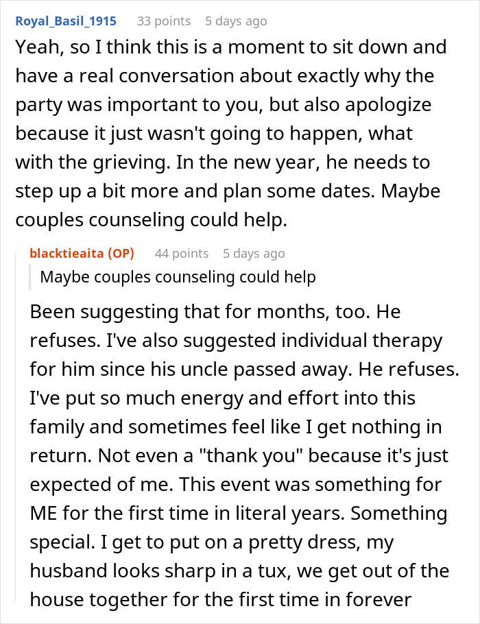 Woman Accuses Grieving Husband Of Ruining A Work Xmas Gala For Her, Gets A Reality Check