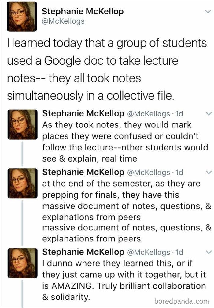 Tweet about university students collectively using Google Docs for lecture notes.