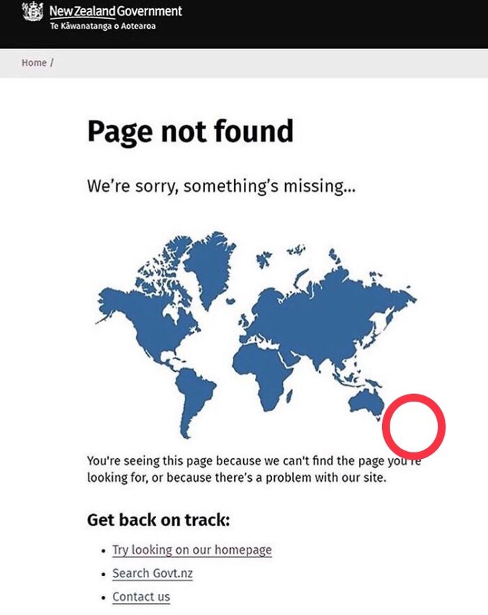 New Zealand Government 404 Page Does Not Include New Zealand