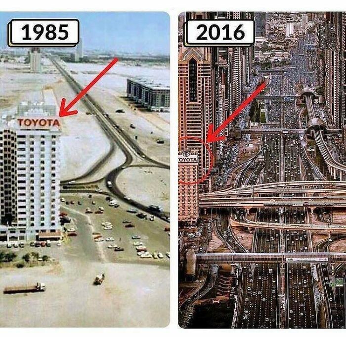 Dubai Progress - A Much Needed Red Circle Showing The Toyota Building Still Standing To Witness All The Changes That Occurred