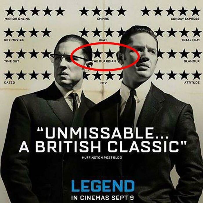 The Poster For The Movie Legend (2015) Mocked One Of Its Negative Reviews By Hiding The Two Star Review Between The Kray Twins Heads