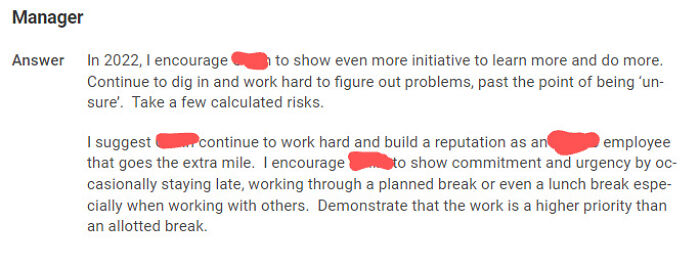 My Boss Wrote This Down And Put It In My Annual Review, Underneath The "Room For Improvements" Section, In Essence Telling Me "It Would Be Better If You Had A Worse Work-Life Balance"
