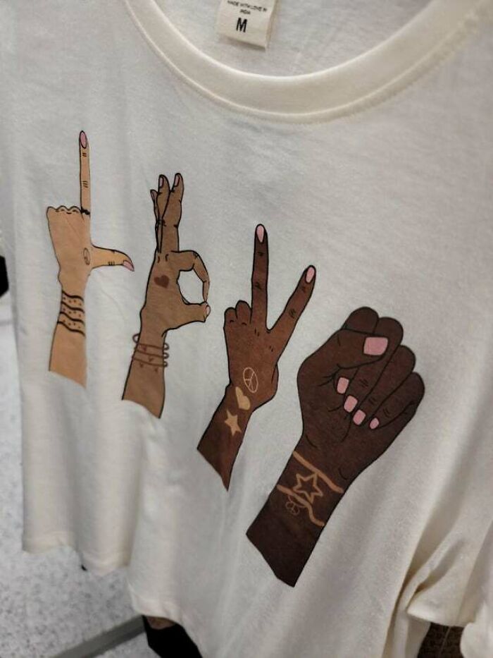 This T-Shirt Is Supposed To Represent Love In Asl But Gets Nowhere Close. @ Ross