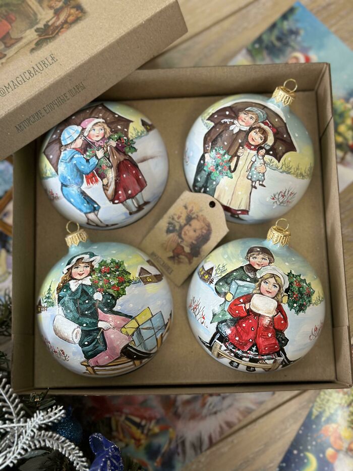 Christmas Ornaments I Painted. I Was Inspired By Vintage Postcards