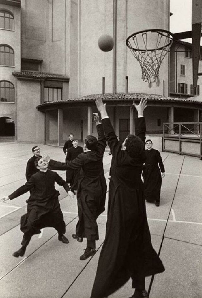 Catholic Priests At A Seminary Playing A Game Of Basketball, Bergamo, Italy, 1964